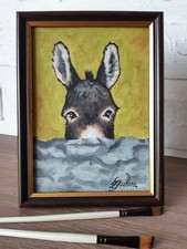 Neugieriger Esel Original Ölgemälde gerahmt 5x7 Portrait Esel Wandbild