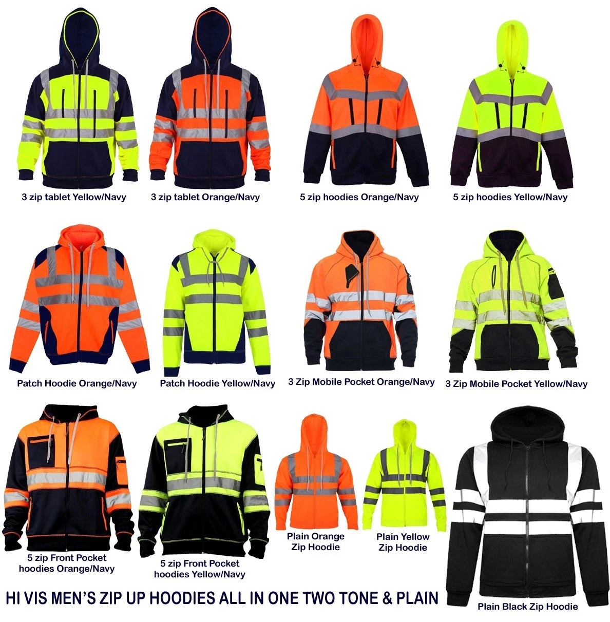 Men's Hi Viz Work Wear Hoodie Top with Reflective Safety Strips Hoodie Jacket