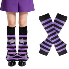 2Pairs Y2K Leg Warmers for Women, Striped Leg/Arm Warmer & Purple, Black