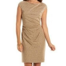 Chaps Metallic Gold Chevron Cap-Sleeve Sheath Dress With Side Pleating Size 12