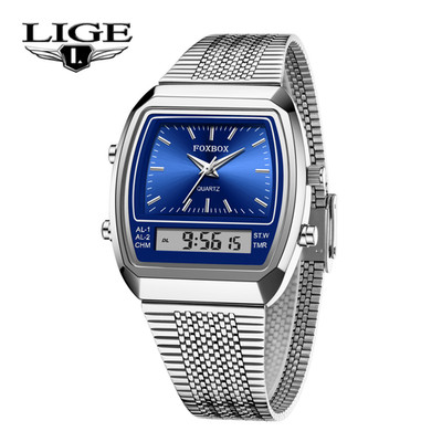 LIGE Men Watch Stainless Steel LED Digital Quartz Business Wristwatch Waterproof