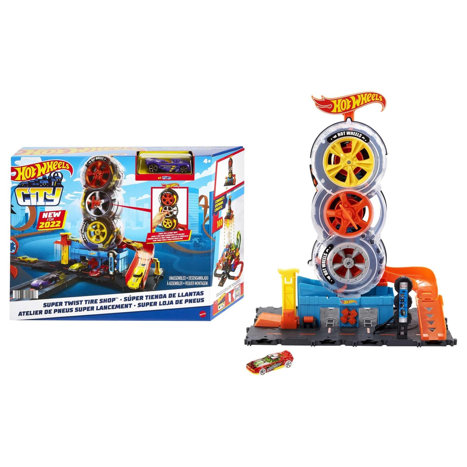 Hot Wheels City Super Twist Tire Shop Playset, Spin the Key 1:64, Mehrfarbig