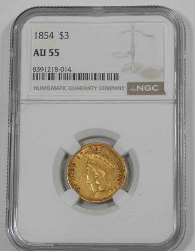 1854 $3 Indian Princess Head GOLD Piece CERTIFIED NGC AU 55