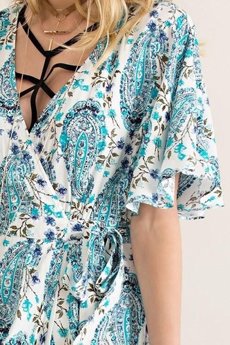 Blue White Paisley ENTRO BOHO Peasant Low Cut Flutter Sleeve Midi Wrap Dress - Picture 4 of 6