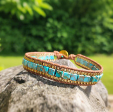 Natural Sea Sediment Jasper Bracelet Leather Braided Healing Reiki Bohemian