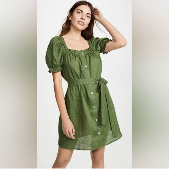 Sleeper Brigitte linen mini dress in olive green xs Short Ruffle Sleeve Sleeper Brigitte linen mini dress in olive green xs Short Ruffle Sleeve