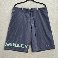 Oakley Men Swimwear 33 Blue Board Shorts Logo 10" Inseam Drawstring Zip Pockets
