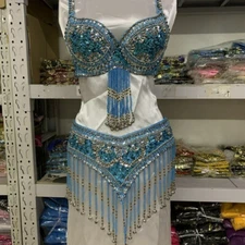 NEW Belly Dance Costume Bra Top & Belt Hip Scarf Bollywood Carnival Dress Set