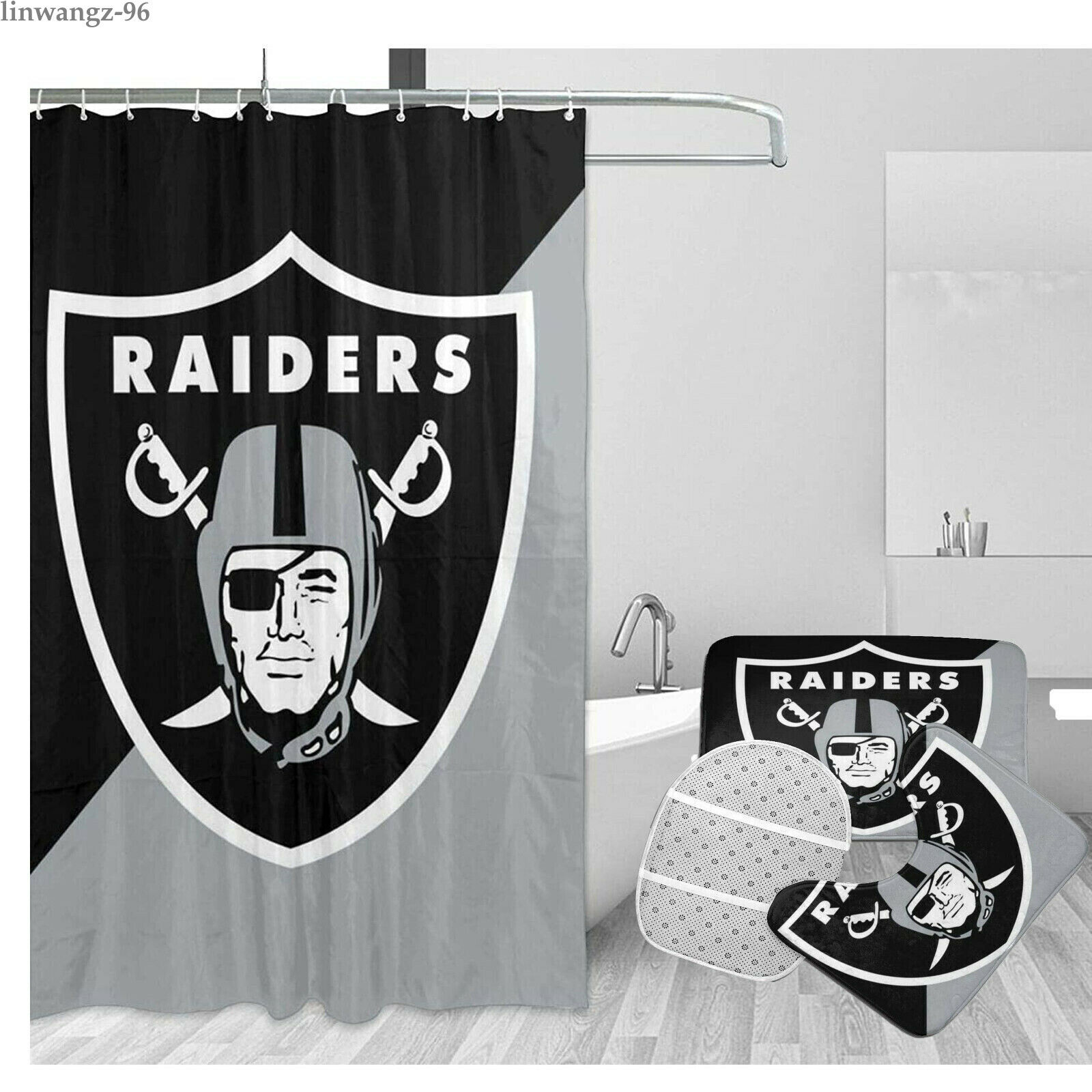 Las Vegas Raiders 4PCS Bathroom Rug Set Bath Shower Curtain Toilet