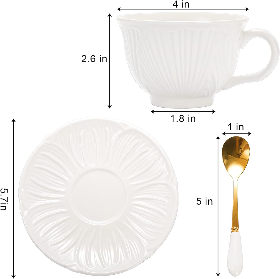 Set of 6 Royal Tea Cups and Saucers, 8 Oz Large Cappuccino Cups Set