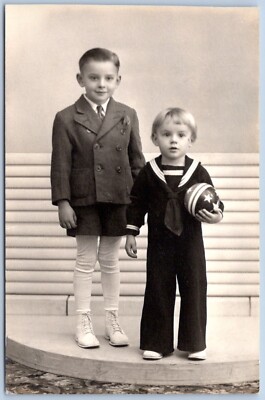 Postcard RPPC Cute Boys Dressed Up Sailor Suit Studio Photo Prop (1) P12J