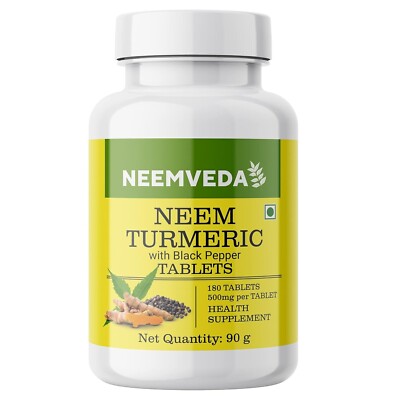 Neemveda Neem Turmeric with Black Pepper 180Tablets, Neem Leaf Powder, Detox Tab