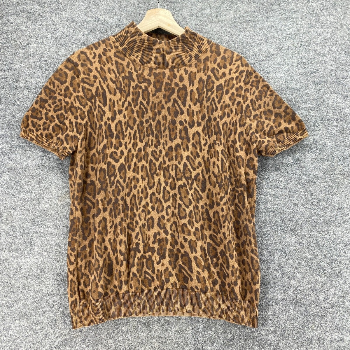 American Living Blouse Women XL Brown Animal Print High Neck Short 