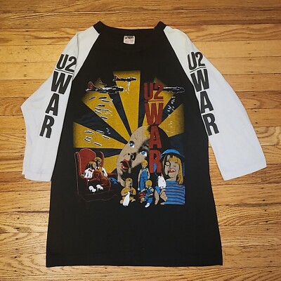 Vintage 80s U2 WAR Raglon T-shirt Sz L Tour Concert RARE Single 