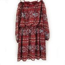 AUW Womens Burgundy Medium Floral Cold Shoulder 3/4 Sleeve Top Shift Dress