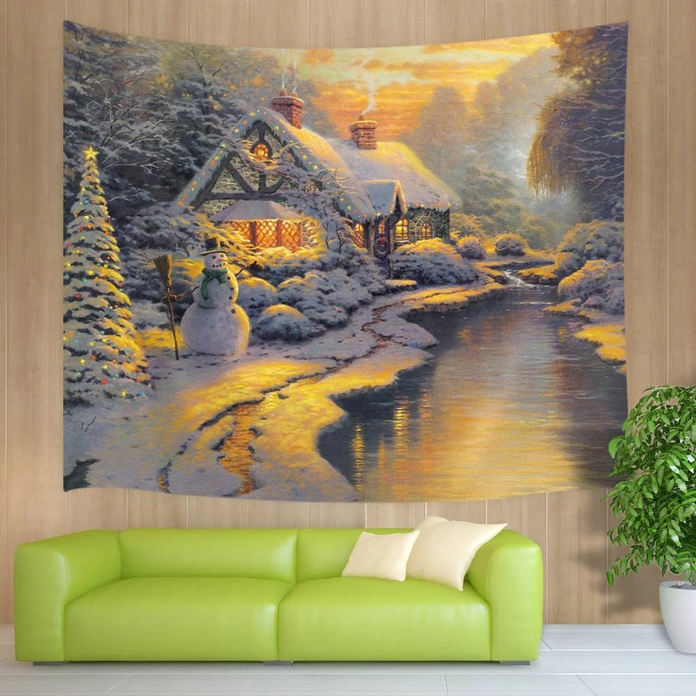 Extra Large Tapestry Wall Hanging Painting Nature Snowman Quiet Town Fabric Art