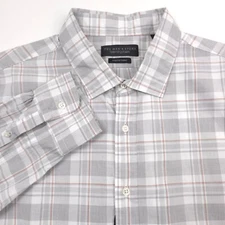 $108 Bloomingdales Gray Plaid Slim Fit Stretch Button Up Shirt Mens Size Large