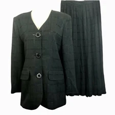 Vtg Saville Skirt Suit Size 4 Black Plaid Blazer Pleated Midi Office Siren Corp