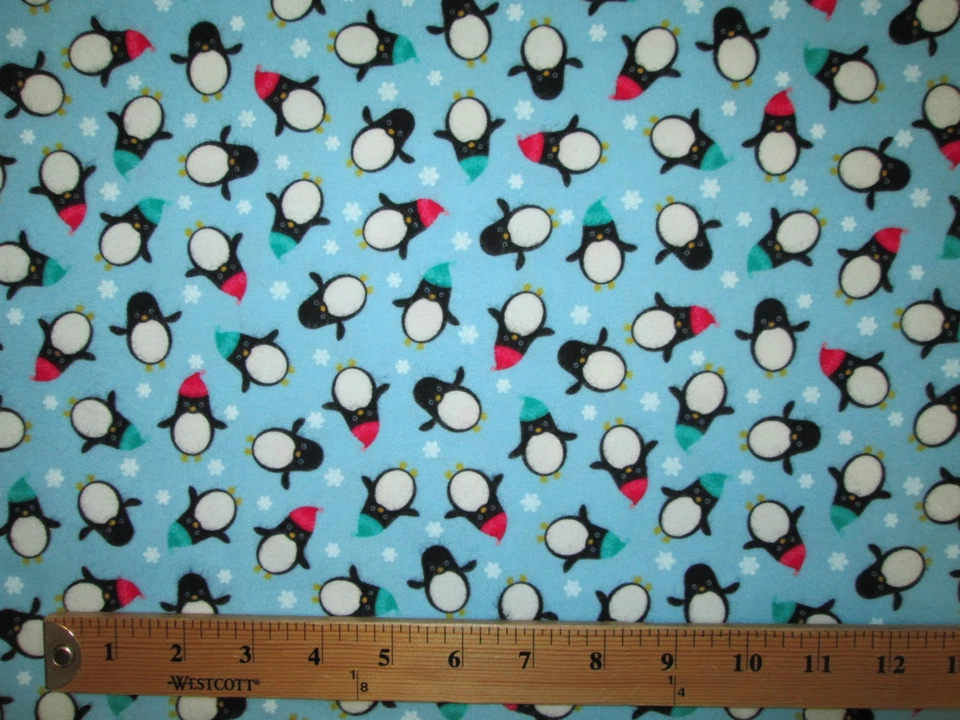 PINGÜINO PINGÜINOS CON SOMBREROS COPO DE NIEVE AZUL ALGODÓN FRANELA TELA FQ Foto 4 de 4