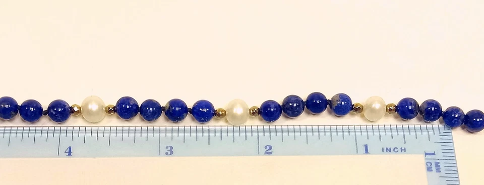 Pulsera LAPISLÁZULI Y PERLAS CULTIVADAS Oro 14K Anillo Primavera Cierre Anudado LONGITUD PERSONALIZADA Foto 4 de 4