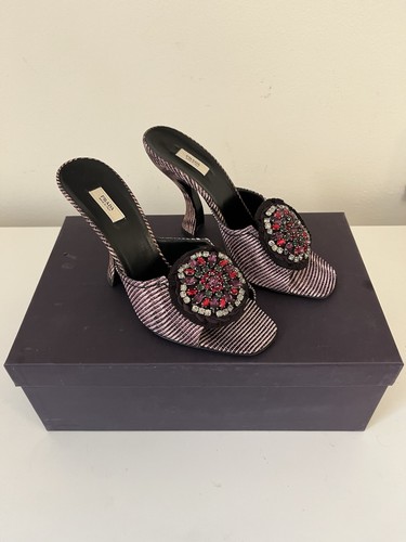 Prada (Worn Indoor Once) Multicolor Velvet Crystal Flower Curved Heel Mules 37.5
