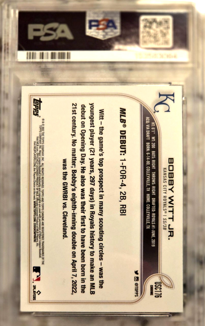 BOBBY WITT JR 2022 Topps Chrome Updated {PURPLE REFRACTOR} Rookie RC; PSA 10 GEM view 2