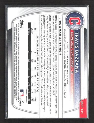 2025 Bowman - Chrome Prospects Travis Bazzana #BCP-131 Reptilian Refractor (RC) - Picture 2 of 2