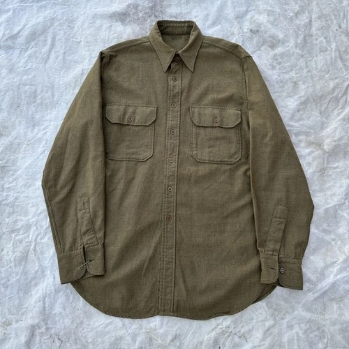 Vintage US Army Flannel Shirt 15.5x35 Green Wool Flannel WW2 40s 1940s Military