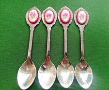 Vintage decorative teaspoons spoons pink enamel floral handles. 