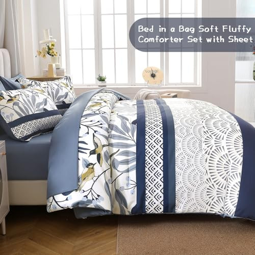 Size Comforter Set, 7 Pieces Boho Comforter for Bed, Leaves King Blue - Bild 3 von 6