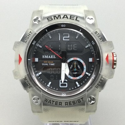 SMAEL Mens Watch 53mm Black Dial Clear Resin Dual Time 8007 New Battery