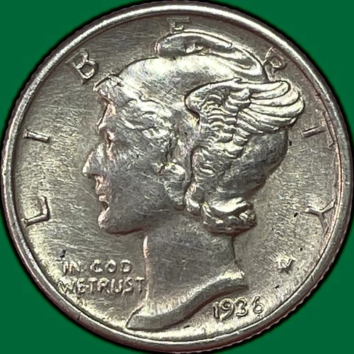 1936-D Mercury Dime Almost Uncirculated AU Coin, Cleaning #36879