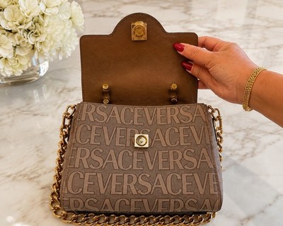 Versace Women s Brown/Beige Logo Satchel Top Handle, Gold Chain, Magnetic