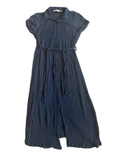 Hiatus Button-Down Shirt Dress Navy Blue Textured Belt Stretchy Size Medium