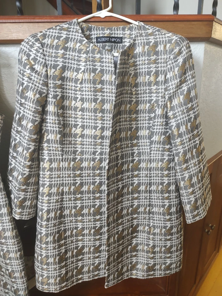 ALBERT NIPON GORGEOUS 2PC GOLD TRIM TWEED SHEATH DRESS LONG COAT SET, SIZE 8 - Image 4 of 4