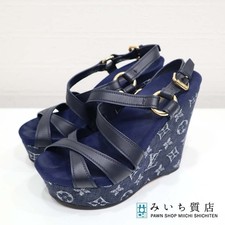 Louis Vuitton Shoes Sandals Wedge Sole Blue Denim Leather Size 35 LV Authentic