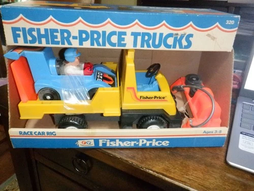 Vintage 1979 Fisher Price Trucks Race Car Rig Husky Helper no. 320 in box