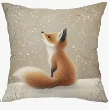 Fox Nature Woods Christmas Winter Holiday Linen Throw Pillow Cover Home Decor