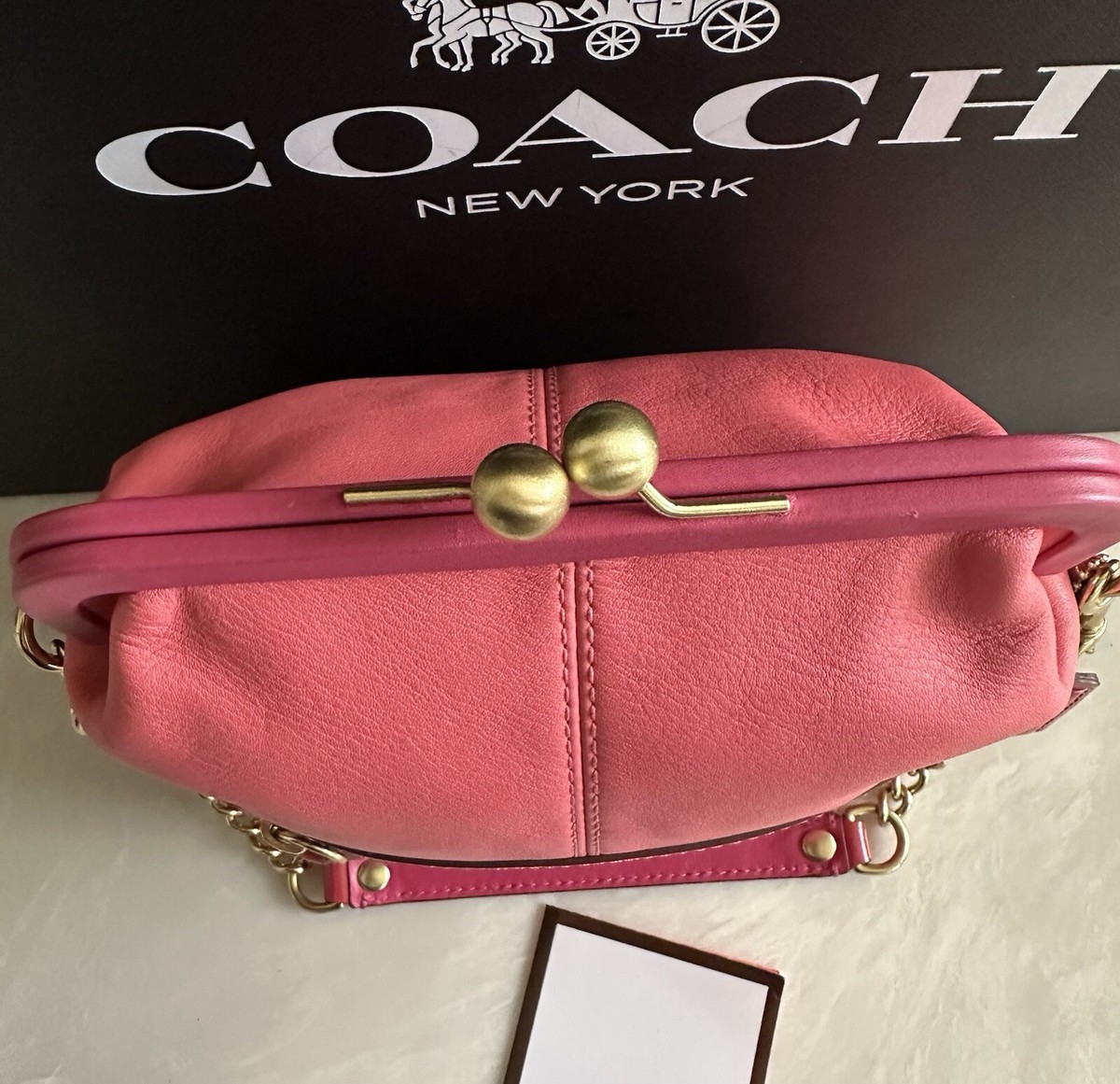 NEW COACH BONNIE KISSLOCK PINK LEATHER SATCHEL CHAIN STRAP