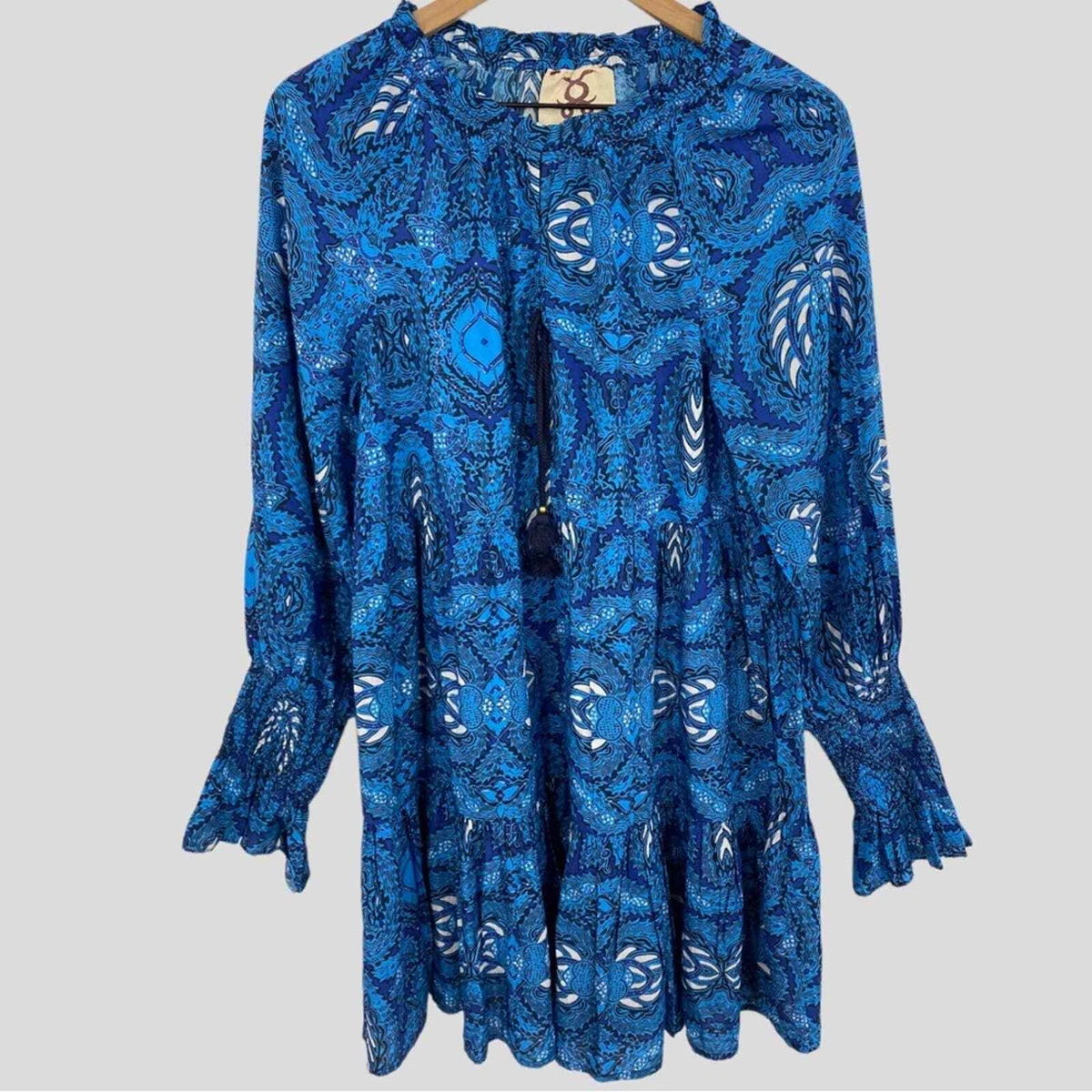 Figue Blue White Flowy Batik Print Bella Short Dress with Tassel Ties