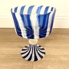 Large Murano Latticino Glass Comport Gold Pedestal Bowl Blue Ribbon 9” Vintage