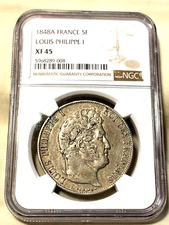 LOUIS PHILIPPE I 1848A FRANCE 5 FRANC, NGC XF 45 WITH 4 IN XF45 & ONLY 44 HIGHER