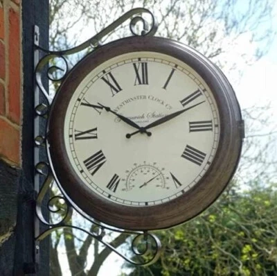 15" Large Outdoor Garden Station Wall Clock Double Sided Bracket Copper Effect - Image 1 of 4