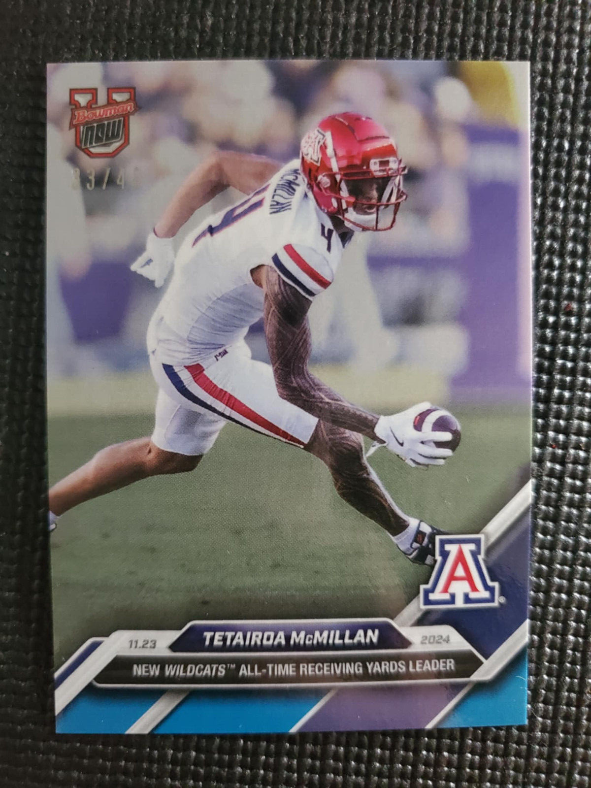 Tetairoa McMillan All-Time Yards 2024 Bowman U NOW Card 47 Blue Parallel 33/49