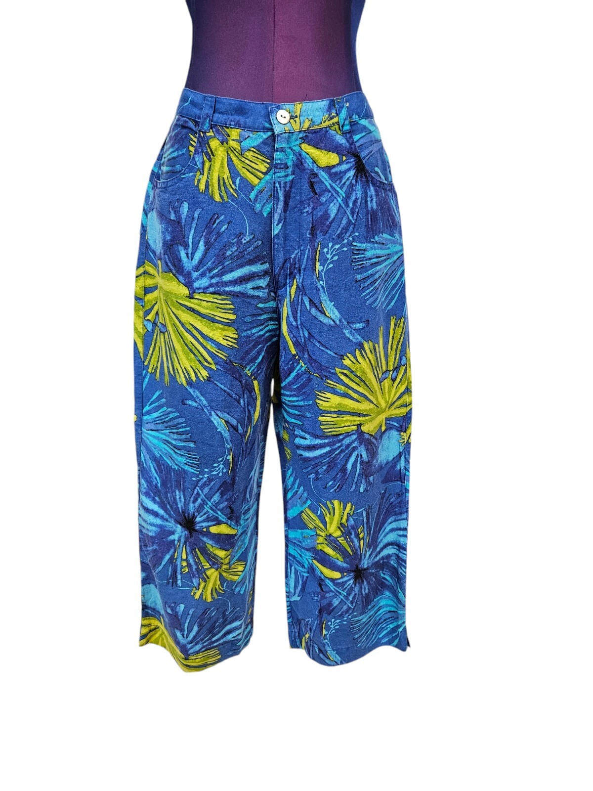 Vintage Chicos Blue Green Linen Blend Tropical Capri Pants Womens XS W11