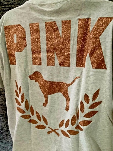 Victoria's Secret Pink Bling Campus Tee Shirt + Pants Set Gray Rose Gold L NWT - Picture 10 of 12