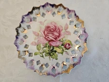 Vintage ArtMark Hand Painted Lattice Wall Hanging Plate Pink Rose Flower Japan