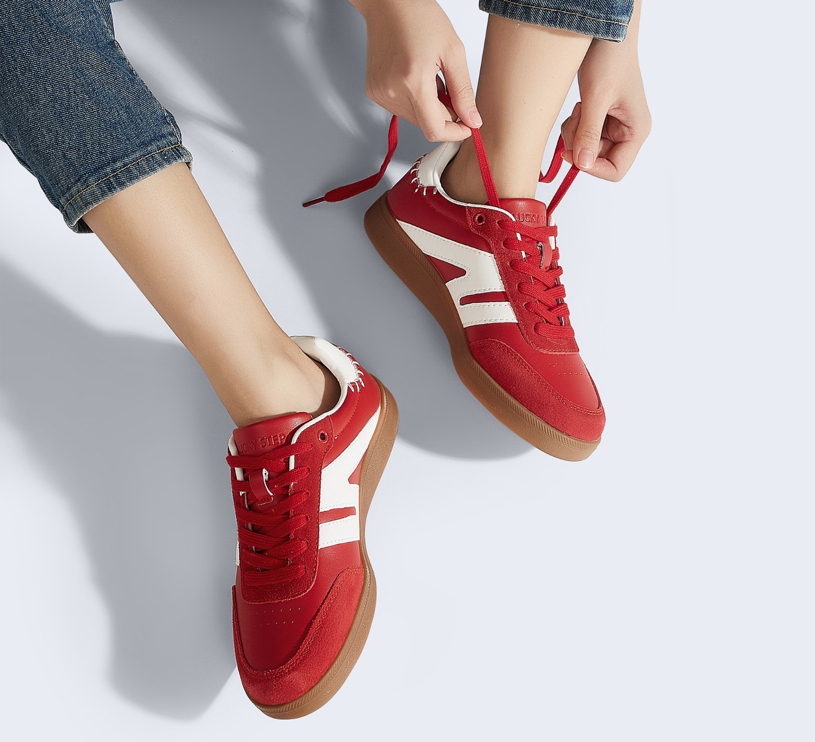 LUCKY STEP Women Classic Retro Gum Sole Fashion Sneakers Genuine Leather Trainer