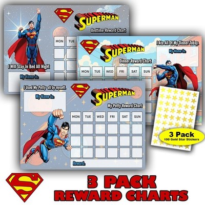 Superman Belohnungstabelle 3er-Pack - Schlafenszeit, Abendessen & Töpfchentraining - 100 goldene Sterne