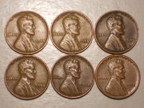 1944,45,46,50,53,55 Lincoln Wheat Cents (Attractive Lot of 6)